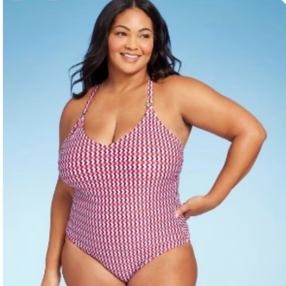 Kona Sol Red Blue Chevron Print One Piece Swimsuit Size 22 NWT - Picture 1 of 7
